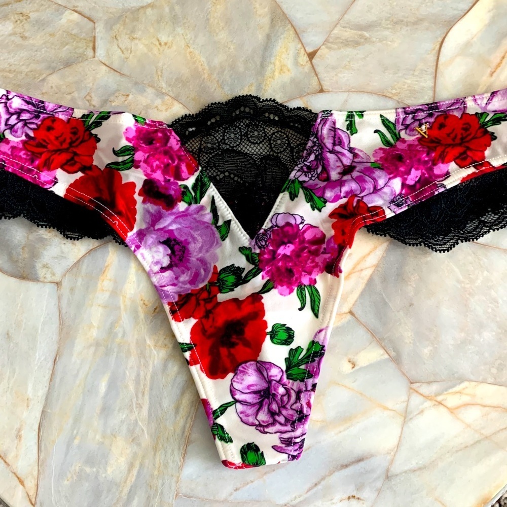 New Satin Silky VERY SEXY Lace Trim Thong Panty Floral X-Small